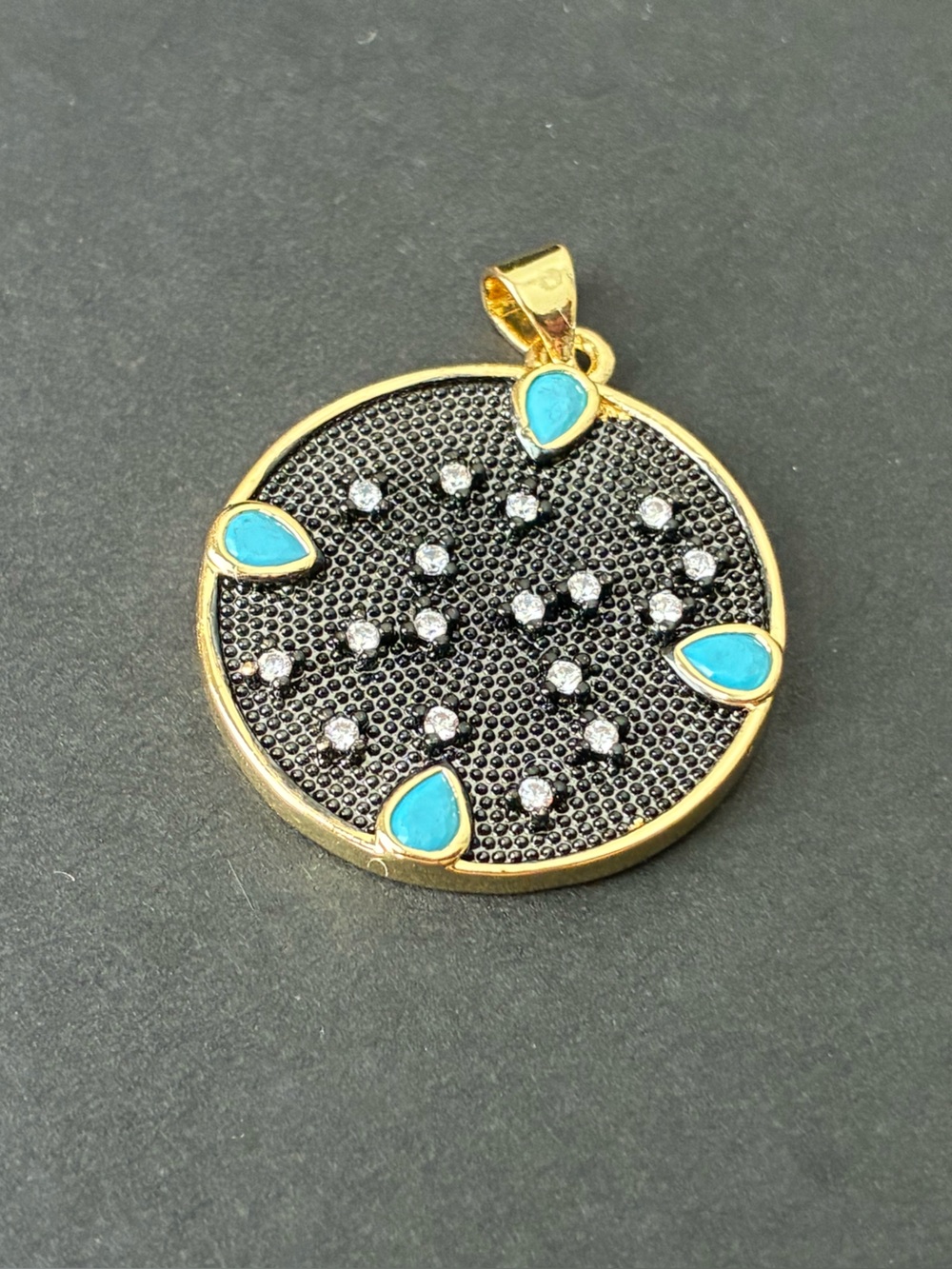 Gold-Tone Turquoise & Black Crystal Round Pendant